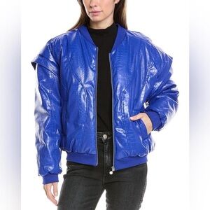 Vibrant Blue Embossed Leather Bomber Jacket